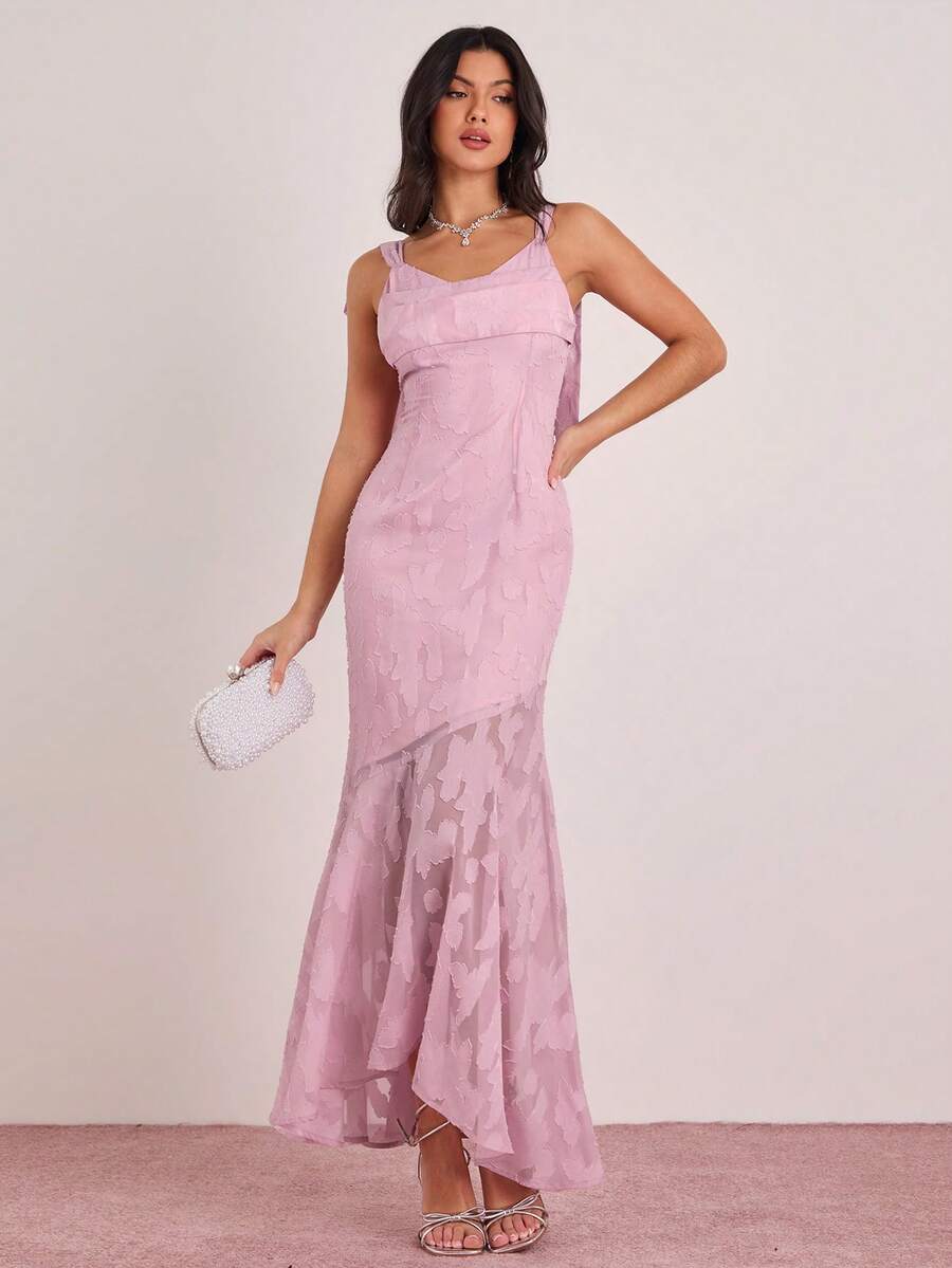 Vestido Longo Sereia Malva com Estampa em Relevo e Costas Abertas