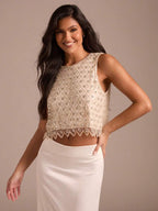 Cropped Feminino Elegante com Flores Aplicadas e Contas